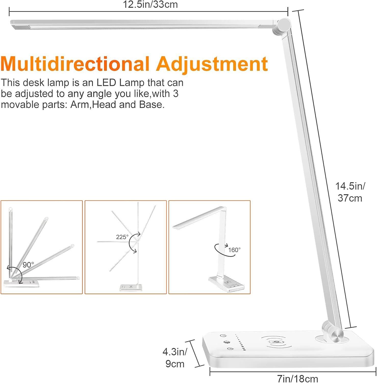 GLITIN LED Desk Lamp with Wireless Charger, USB Charging Port, Lighting 10 Brightness Level, 5 Modes, Reading Light for Home, Office , Touch Control, Auto Timer Lamps, White - - 