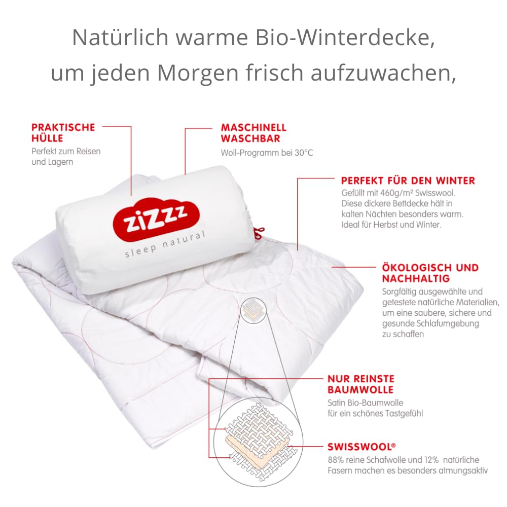 Winter Bettdecke extra warm Bio Baumwolle in Premium Qualität - 460g/m2 Swisswool Füllung (135x200 cm)