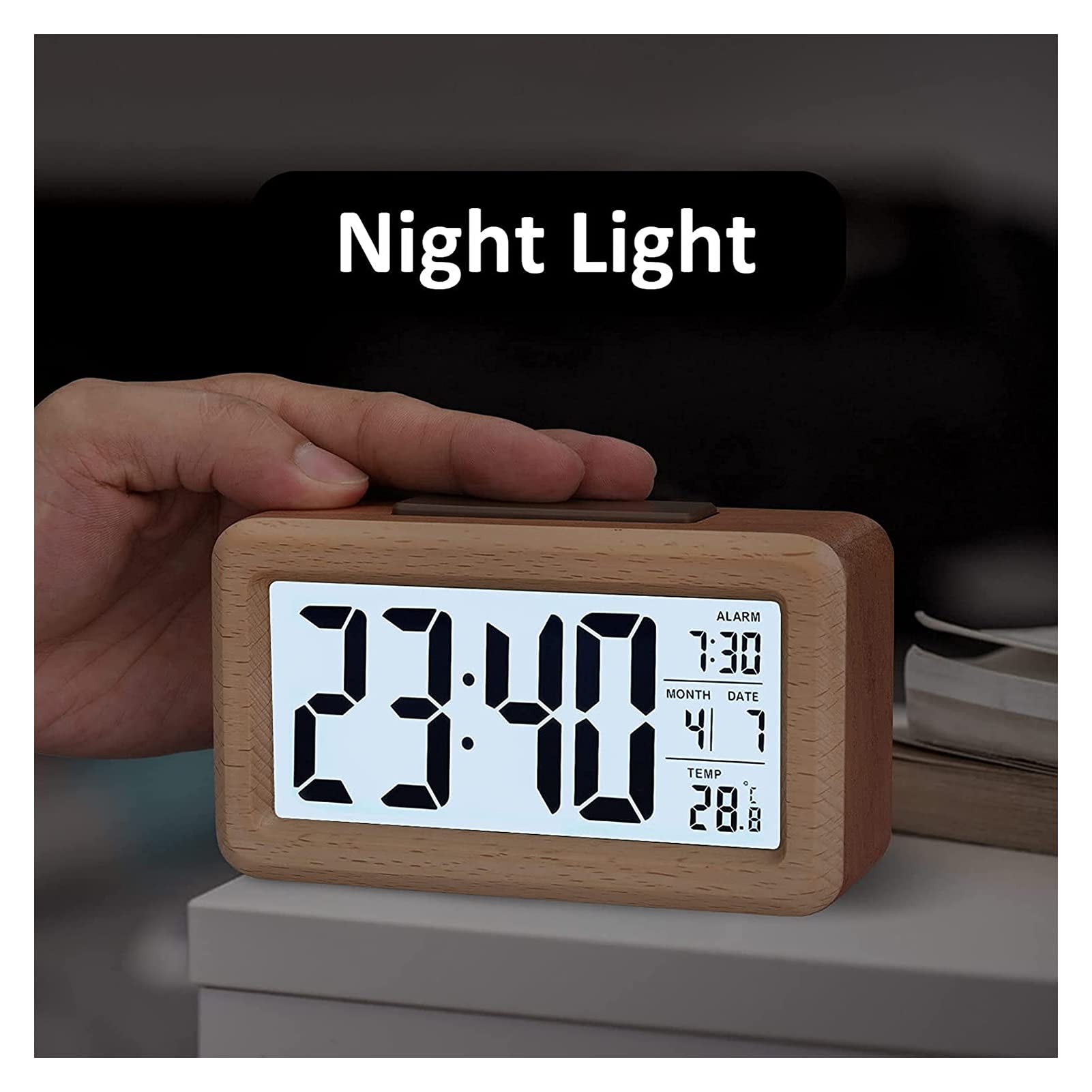 WTL Despertador Reloj de alarma digital de madera, grande DIRIGIÓ Mostrar reloj de alarma de grano de madera, sensor inteligente Luz de noche, snooze y temperatura, Operado por batería, Reloj desperta