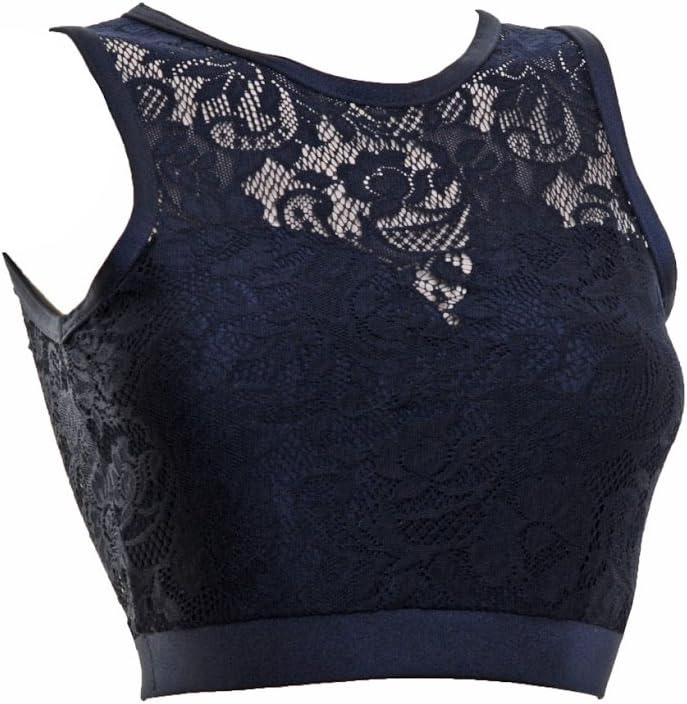Pole Dancing Fitness Wear Crop Top in Black Lycra Overlaid with Black Lace (#t6a)