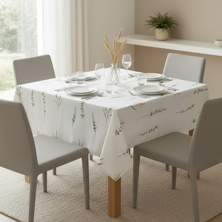 Image of HOMEMONDE 100% Cotton Premium Dining Table Cover 45 x 45 Inches Floral Printed Table Cloth for 4 Seater, Square Centre Table Cover (114 x 114 CM, Leafscape - Yellow & Green)