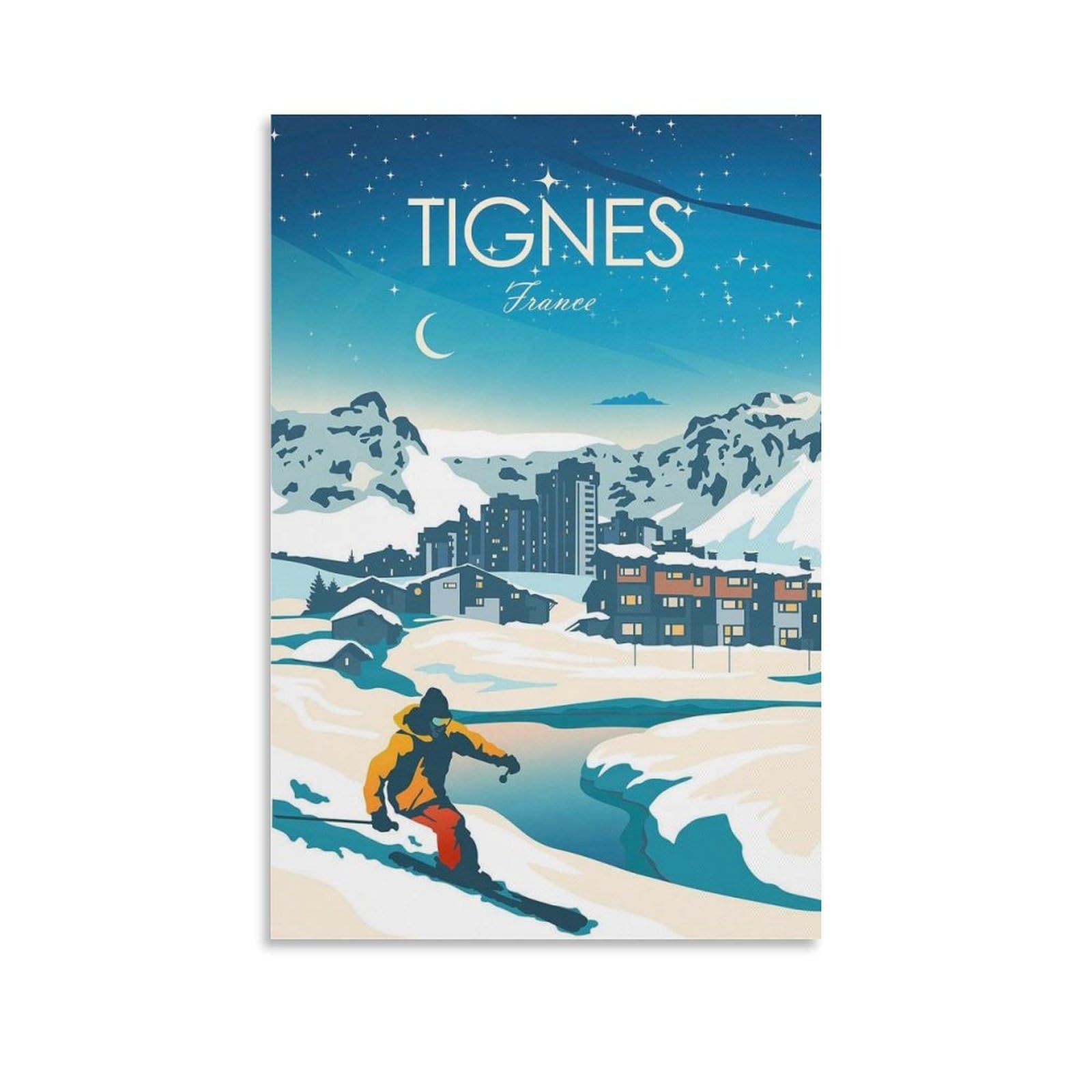 FUPMTKLT Poster su tela, motivo: Ski Tignes France Skiers, decorazione per camera da letto, ufficio, camera da letto, regalo, 60 x 90 cm