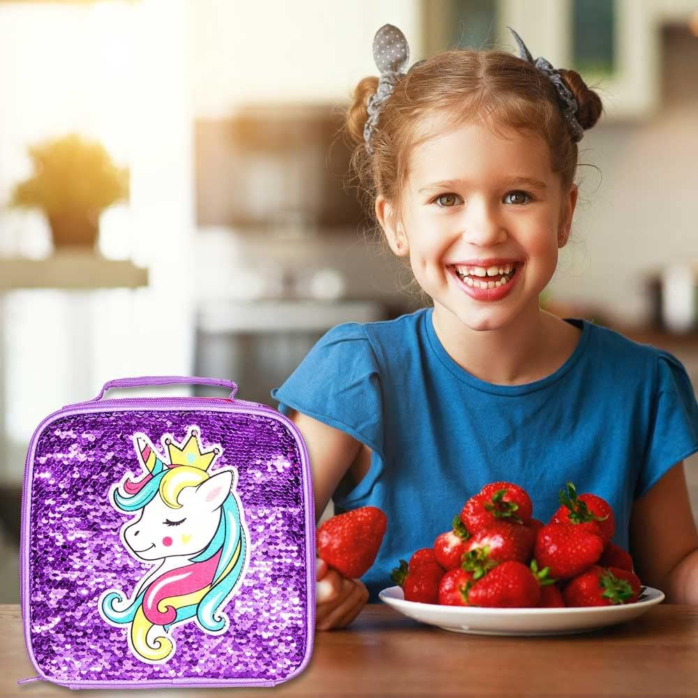 3PCS Girls Backpack, 16" Kids Sequins Unicorn Bookbag with Lunch Box, School Bags for Elementary Preschool Kindergarten - Purple