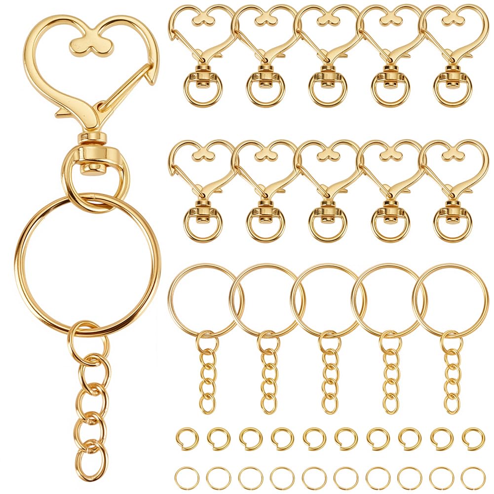 SOFPLATE 80Pcs 20 Sets Heart Shape Keychain Clip Gold Heart Keychain Clasp Metal Swivel Snap Hooks Split Keyring with Chain Jump Rings for Jewellery Making Accessories DIY Craft Bag Charms Lanyards