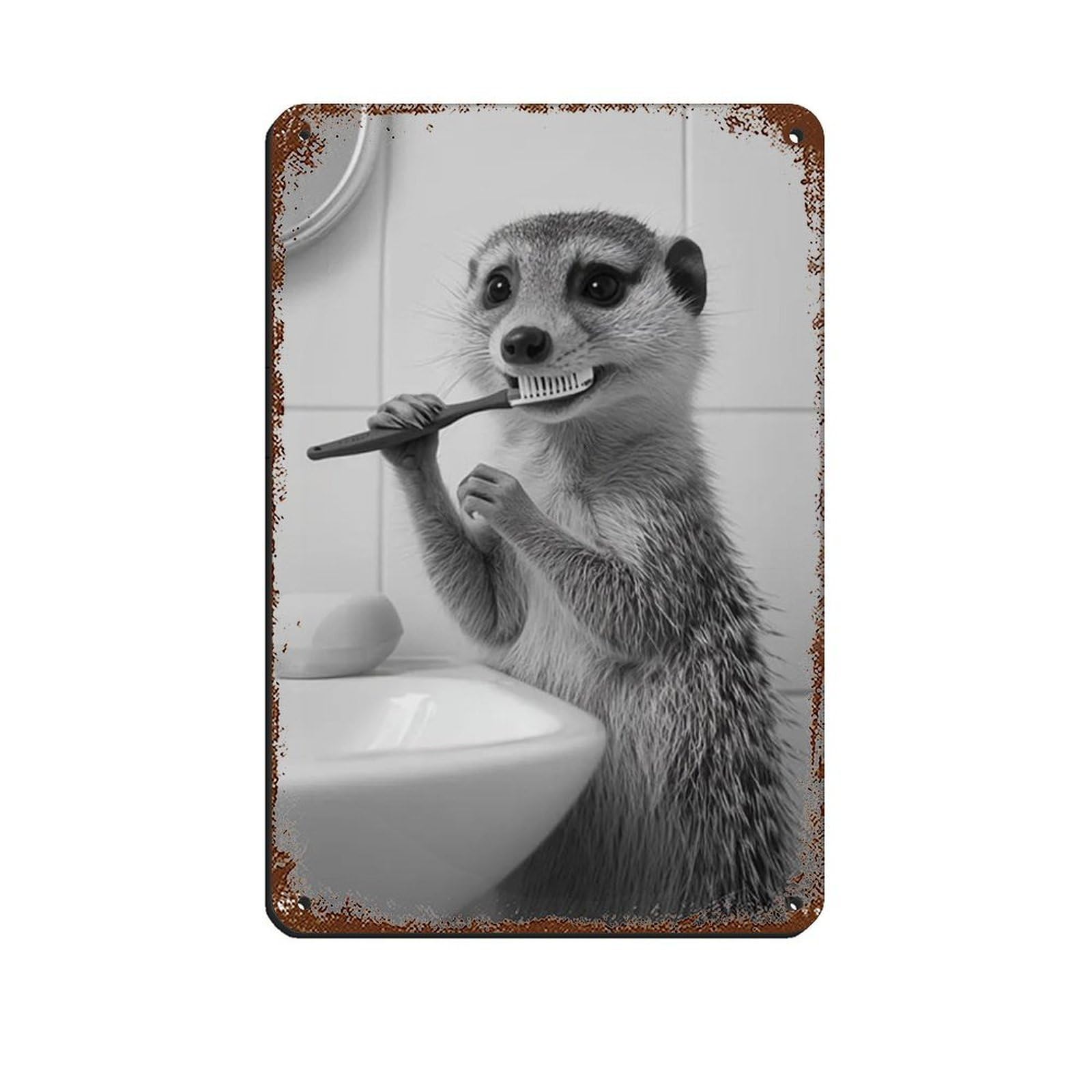 Mongoose Brushing Teeth, Funny Bathroom Art Tin Sign Vintage Metal Pub Club Cafe Bar Home Wall Art Decoration Poster Retro 8x12inch(20x30cm)
