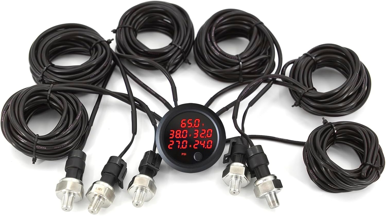 12V Solenoid Valve Air Ride Suspension manifold 8-Valve With 5M 9-switch Wired Remote Controller, equipped with five display air pressure gauge
