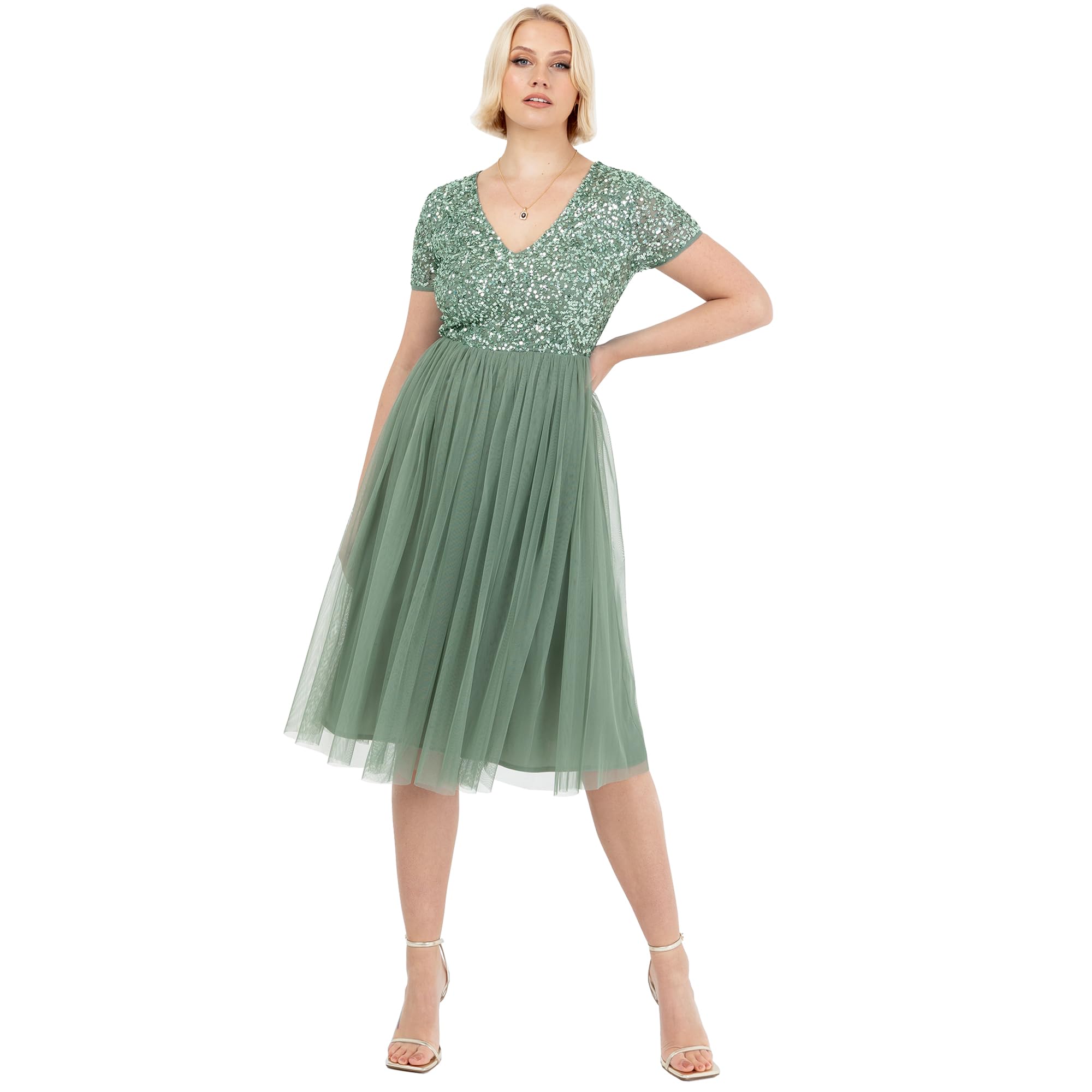 Maya Deluxe Abendkleid mit Pailletten - Cocktailkleid Damen mit V-Ausschnitt - Tüllkleid Damen mit Kurzen Ärmeln