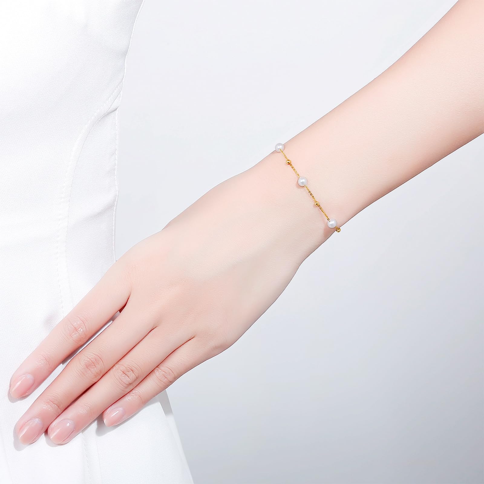 18K Gold Süßwasserperlen Chain Armband 750er Gelbgold Weiß Perlen Link Armbänder Schmuck für Damen Braut Ehefrau Mutter Liebhaber Geschenk Hochzeitstag Valentinstag Geburtstag Jahrestag 16/17/18/19cm