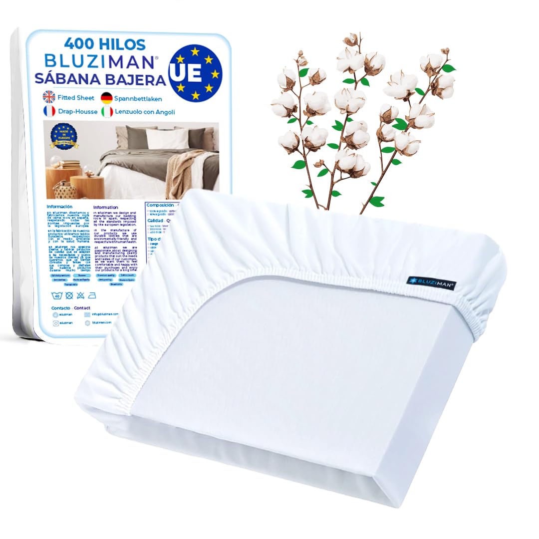BLUZIMAN Sábana Bajera 90x200 Ajustable Algodon 100% Hecho en España 400 Hilos, Sabanas Bajeras Lujoso Saten Peinado Virgen de Fibra Larga (400 Hilos, Blanco, Cama 90x190/200)