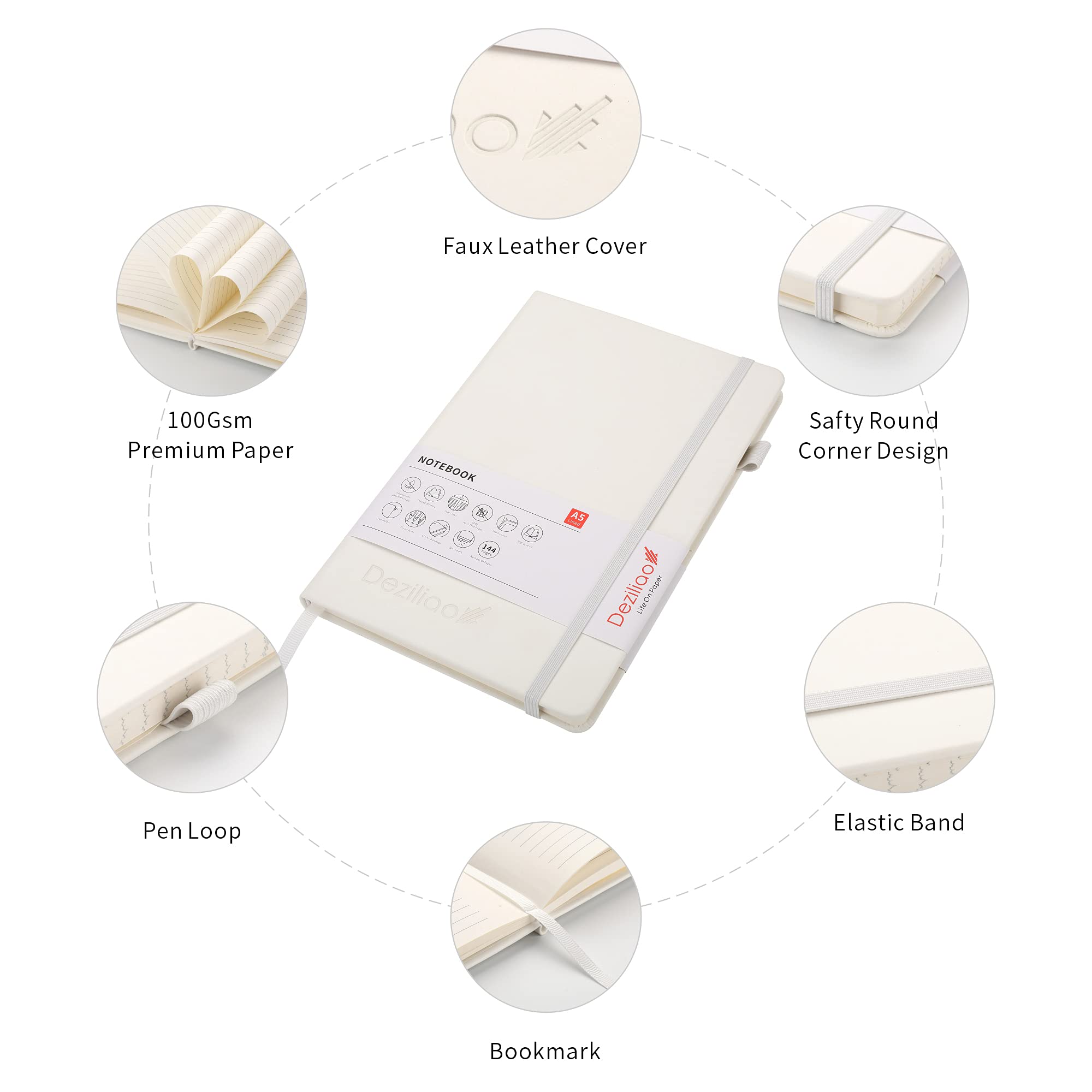 Deziliao 5-Pack Dotted Journal Notebooks - Hardcover A5 With Pen Loop & Pocket