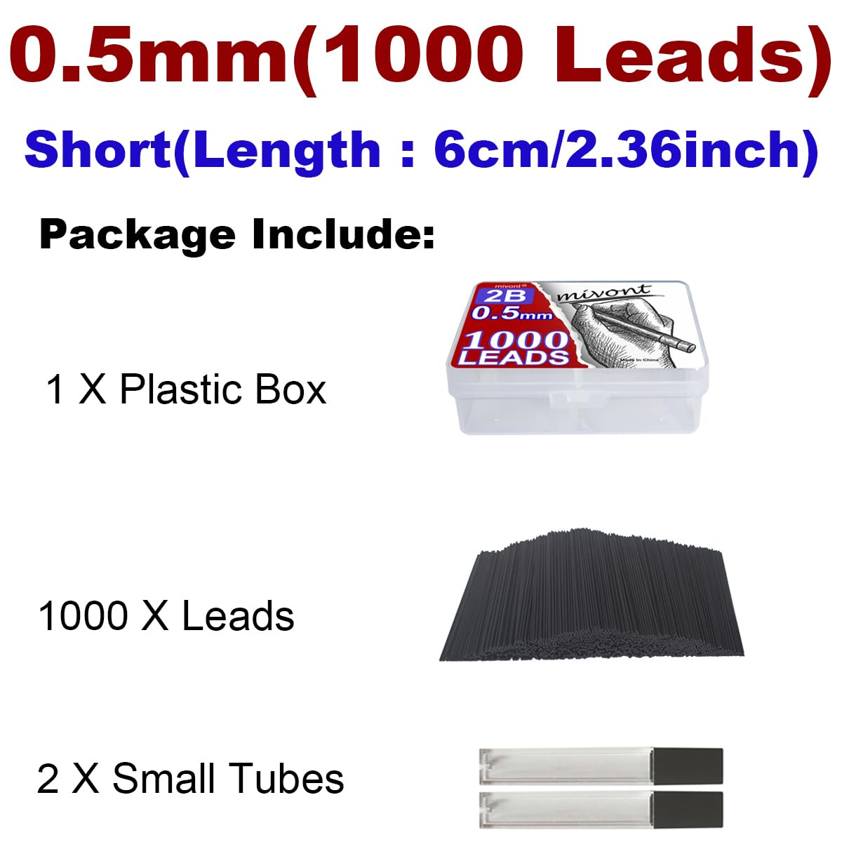mivont 1000 PCS 0.5 mm 2B Lead Refills Medium Thickness Break Resistant Lead Graphite (0.5mm Short 6cm) - Image 2