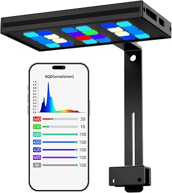 MegaReef 100 Reef LED Aquarium Light with App Control, Real-Time Spectral Visualization, Simulated Sunlight PAR Curve, PrimarySecondary Sync
