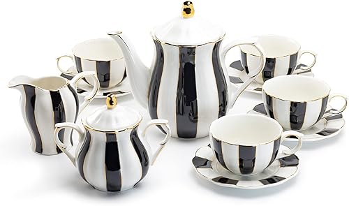 Grace Teaware - Juego de té de porcelana fina de 11 piezas, color blanco y negro