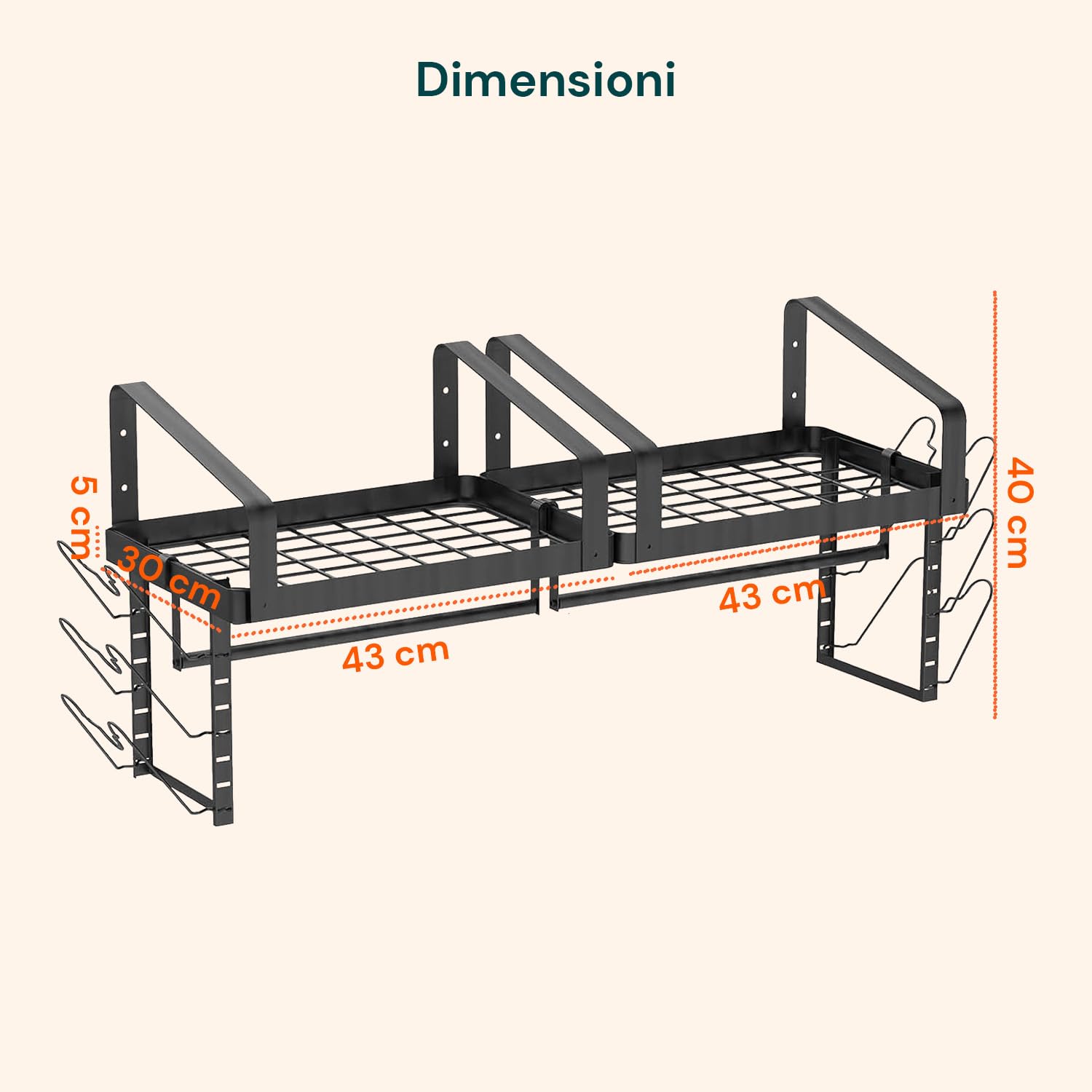 Wintem – Porta Pentole Coperchi Salvaspazio da Parete con Mensole e 12 Ganci, Organizer Cucina in Ferro per Pentole Coperchi e Mestoli, Sistema Verticale Robusto e Funzionale per Uso Quotidiano