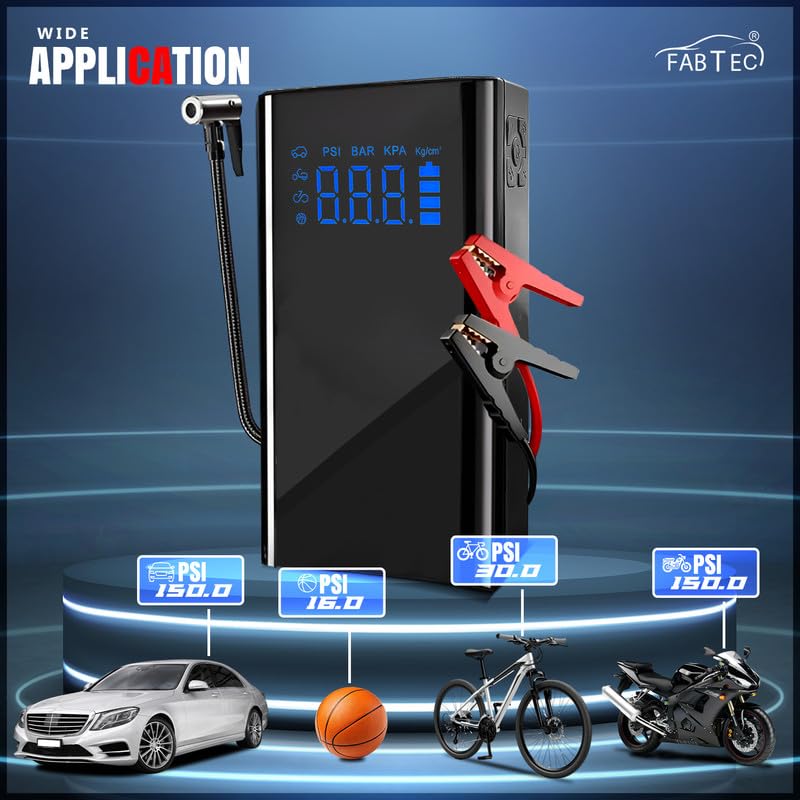 Image of Fabtec 4-in-1 Jump Starter with Tyre Inflator 150 PSI Portable Tire Inflator Air Compressor with Digital Display, 15000mAh Battery, SOS Light & 5 Air Filling Modes for Cars, Bikes, Bicycles and Balls