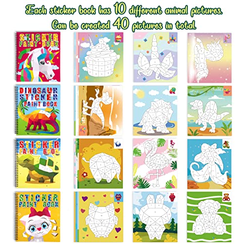 4Pcs Crafts For Kids Ages 4-8 Sticker Paint Books - Includes Unicorn Dinosaur Llama And More Animal Designs Gift Party Create 40 Pictures #TOP2