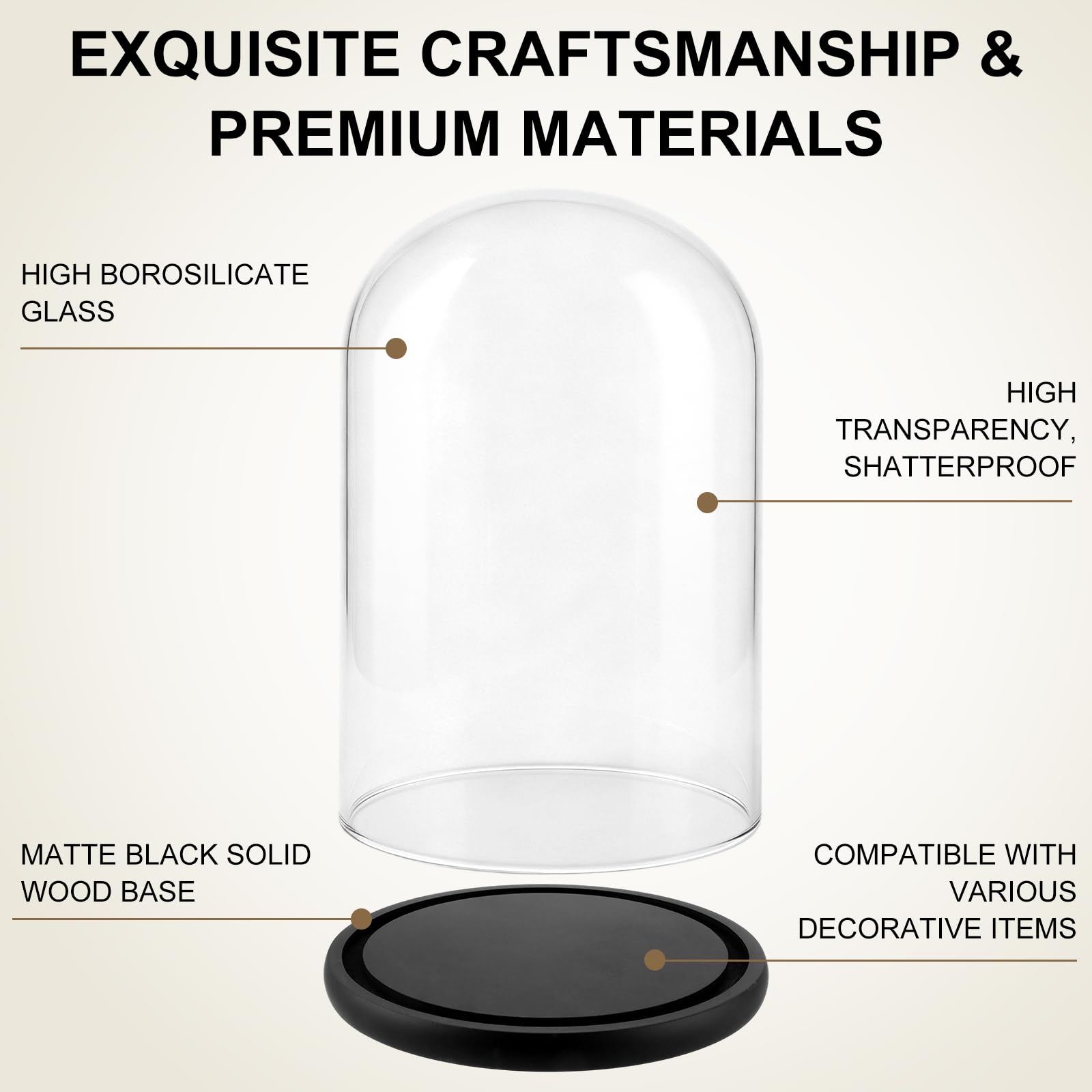 AKOLAFE Campana de cristal con base de madera, 20 x 30 cm, cúpula decorativa de cristal, cúpula decorativa de cristal, campana de cristal de 30 cm de alto, campana de cristal con base para