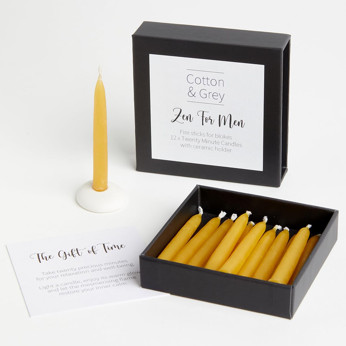 Zen for Men by Cotton & Grey - 12 Pure Beeswax Twenty Minute Candles with Ceramic Holder