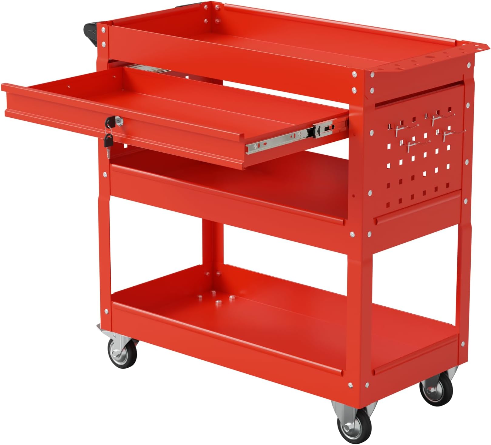 3-Tier Rolling Tool Cart, Utility Cart with Drawer, Mobile Tool Storage Cabinet, Industrial Commercial Service Cart, Keyed Locking System Tool Organizer (red)