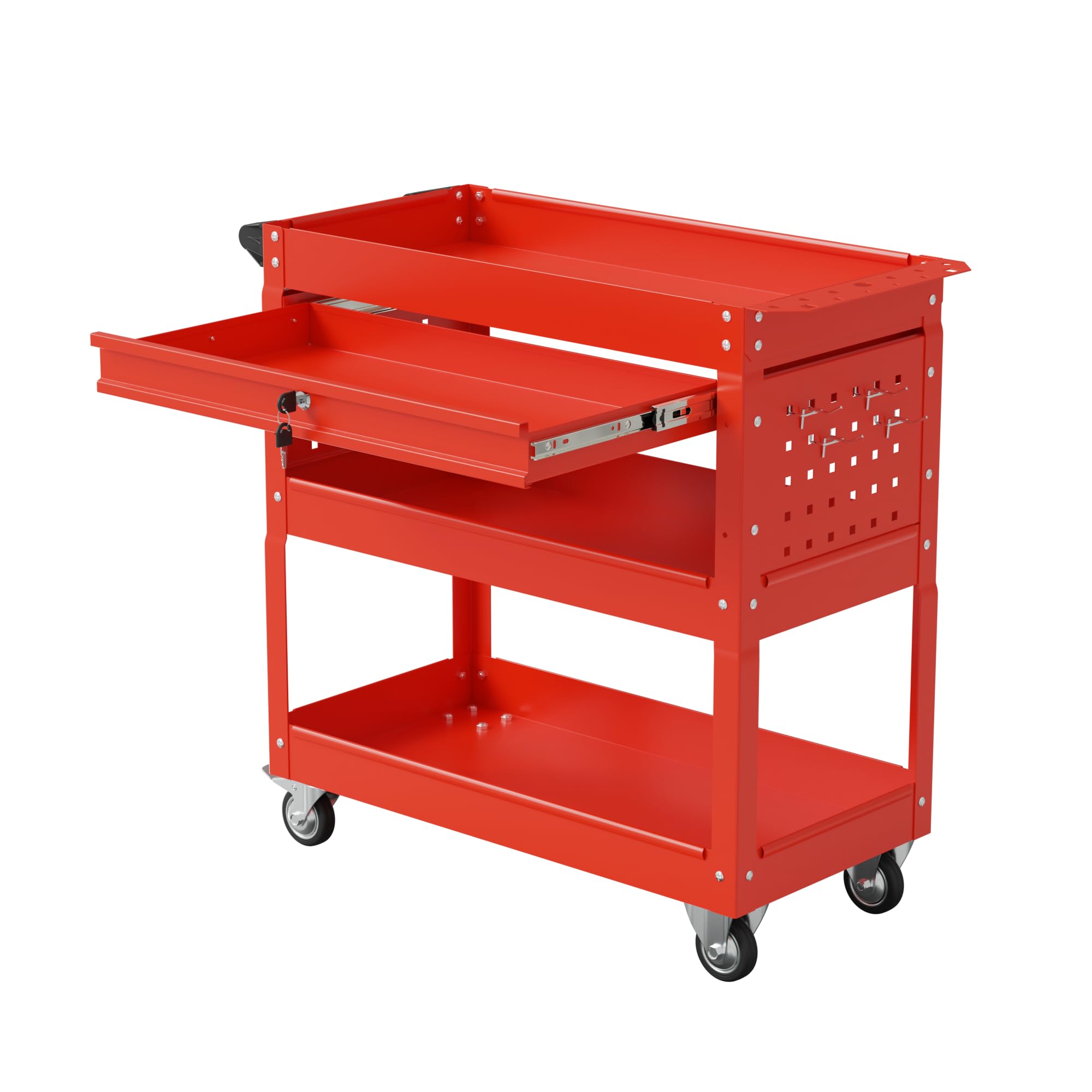 3-Tier Rolling Tool Cart, Utility Cart with Drawer, Mobile Tool Storage Cabinet, Industrial Commercial Service Cart, Keyed Locking System Tool Organizer (red)