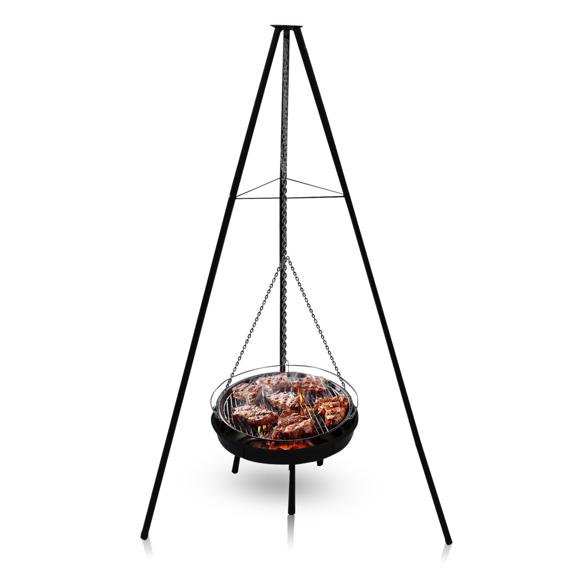 BBQ Multi-Grill Schwenkgrill, Tripod Set,160 cm,Dreibein mit Feuerschale,Grillrost,Räucherplanken & Topf, Höhenverstellbar, Outdoor Grillen, Kochen im Garten schwarz