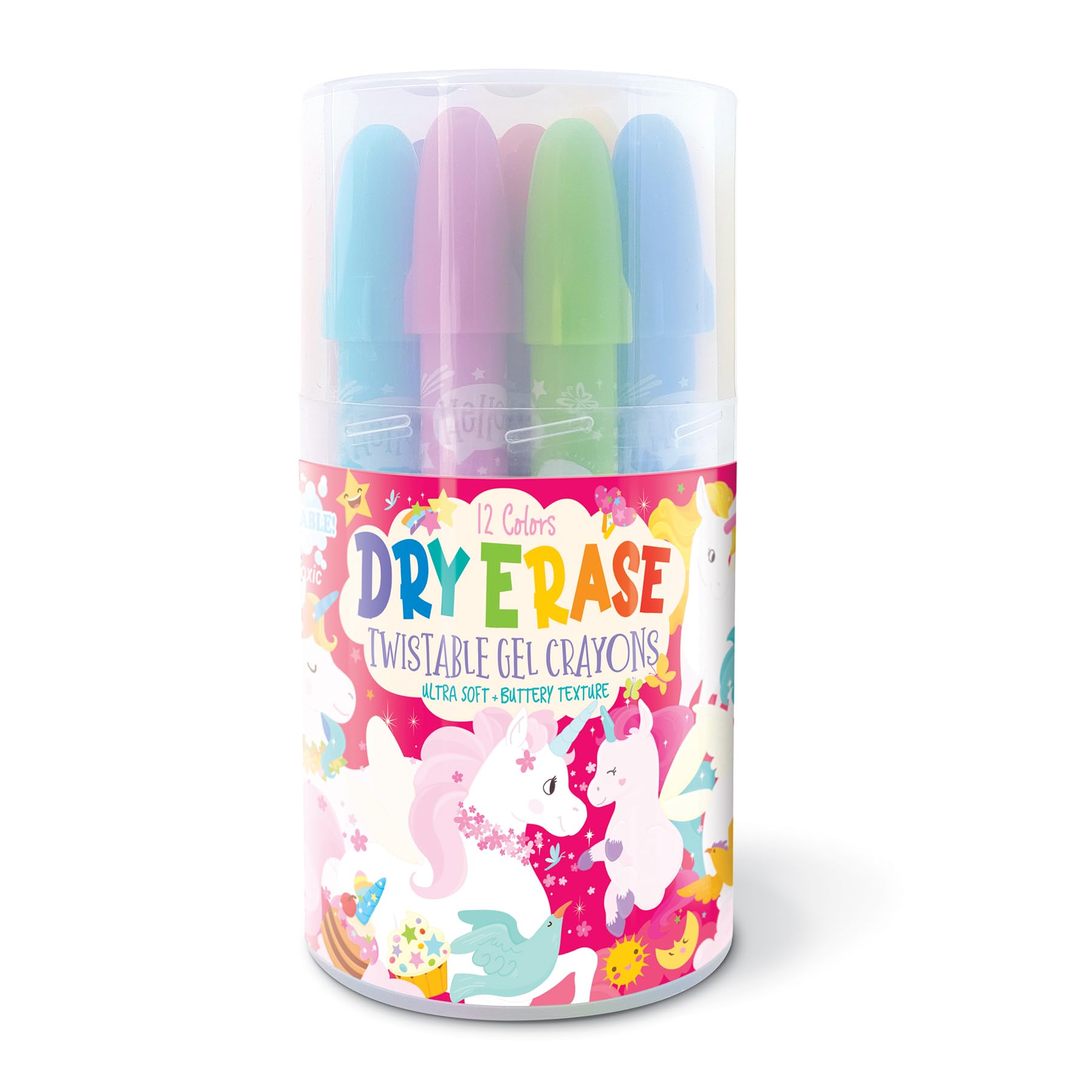 Dry Erase Twistable Gel Crayons - 12 Pack Unicorn Design Washable Crayons For Kids