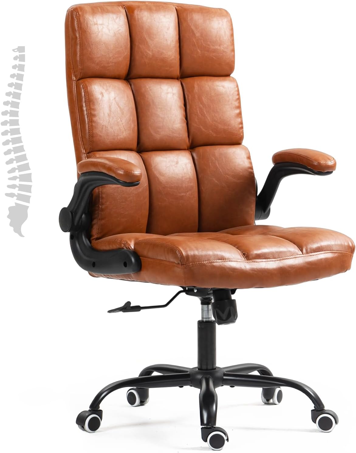 ECOTOUGE Executive Office Chair, PU Leather Ergonomic Comfy Desk Chair, High Back Computer Chair with Adjustable Tilt Angle and Flip-up Arms (Without Footrest Brown)
