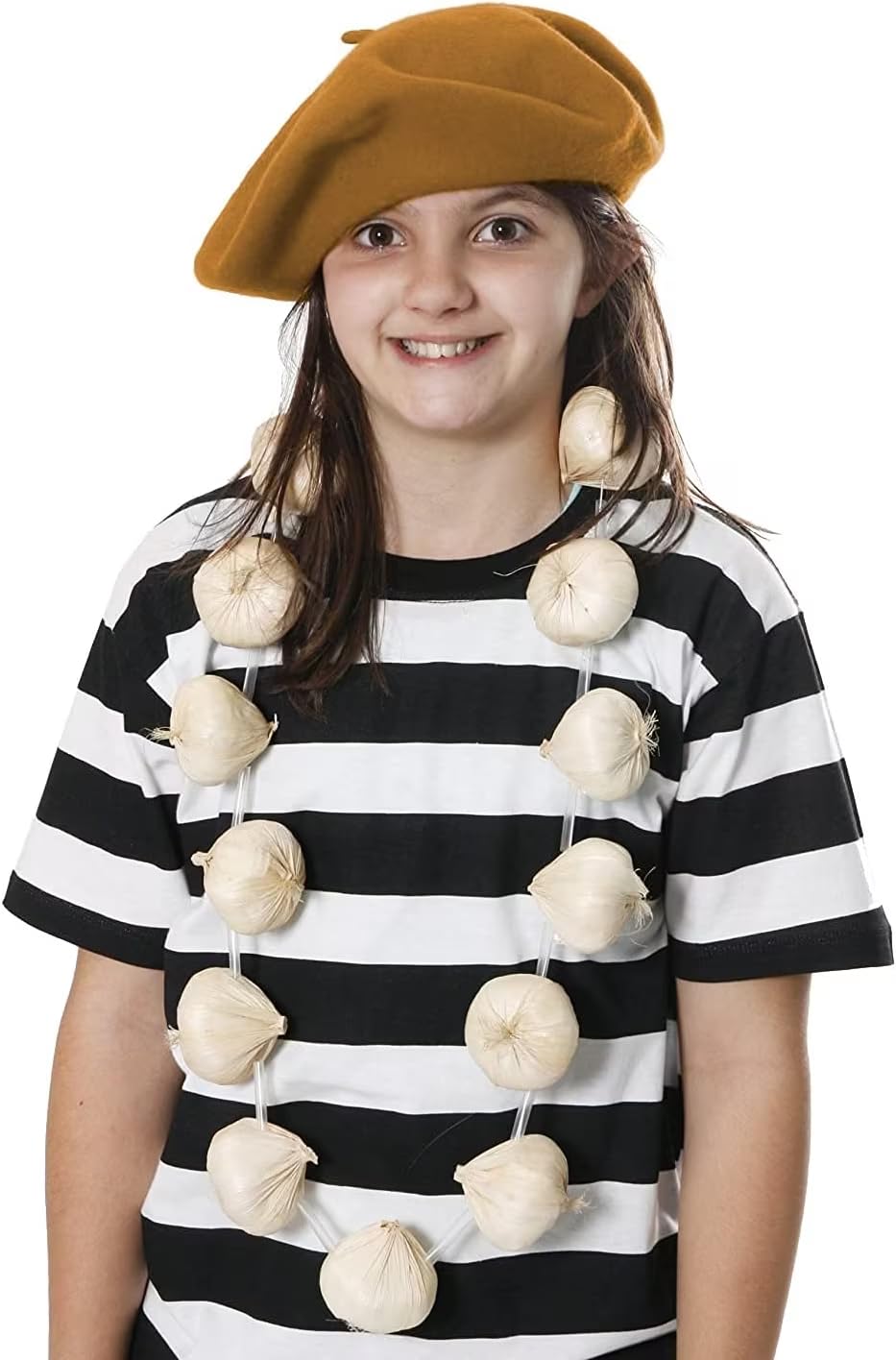 Black And White Striped T-Shirt + Camel Beret + Garlic/Onions Garland Set Necklace French Or Vampire Slayer Fancy Dress Bastille Day (X-Large)
