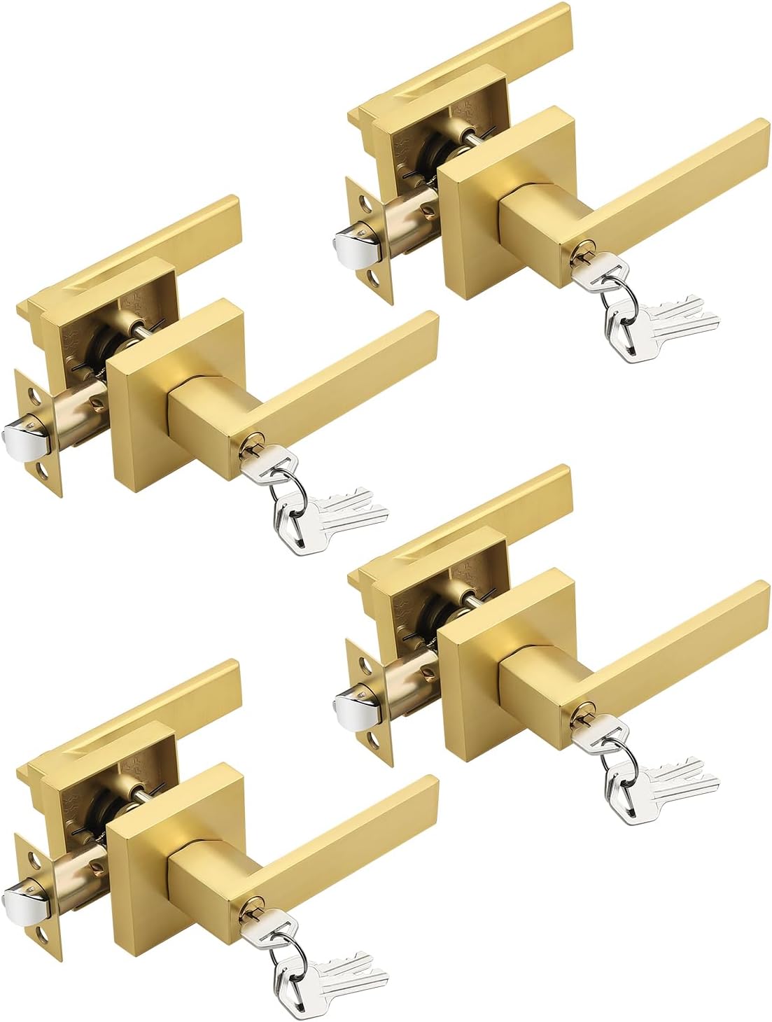 4 Pack Brushed Gold Entry Door Levers with Lock and Key, Satin Brass Keyed Alike Lockset Combo Pack, Entrance Door Handles for Office and Front Door, Door Knobs Lockset (Each with 3 Keys)