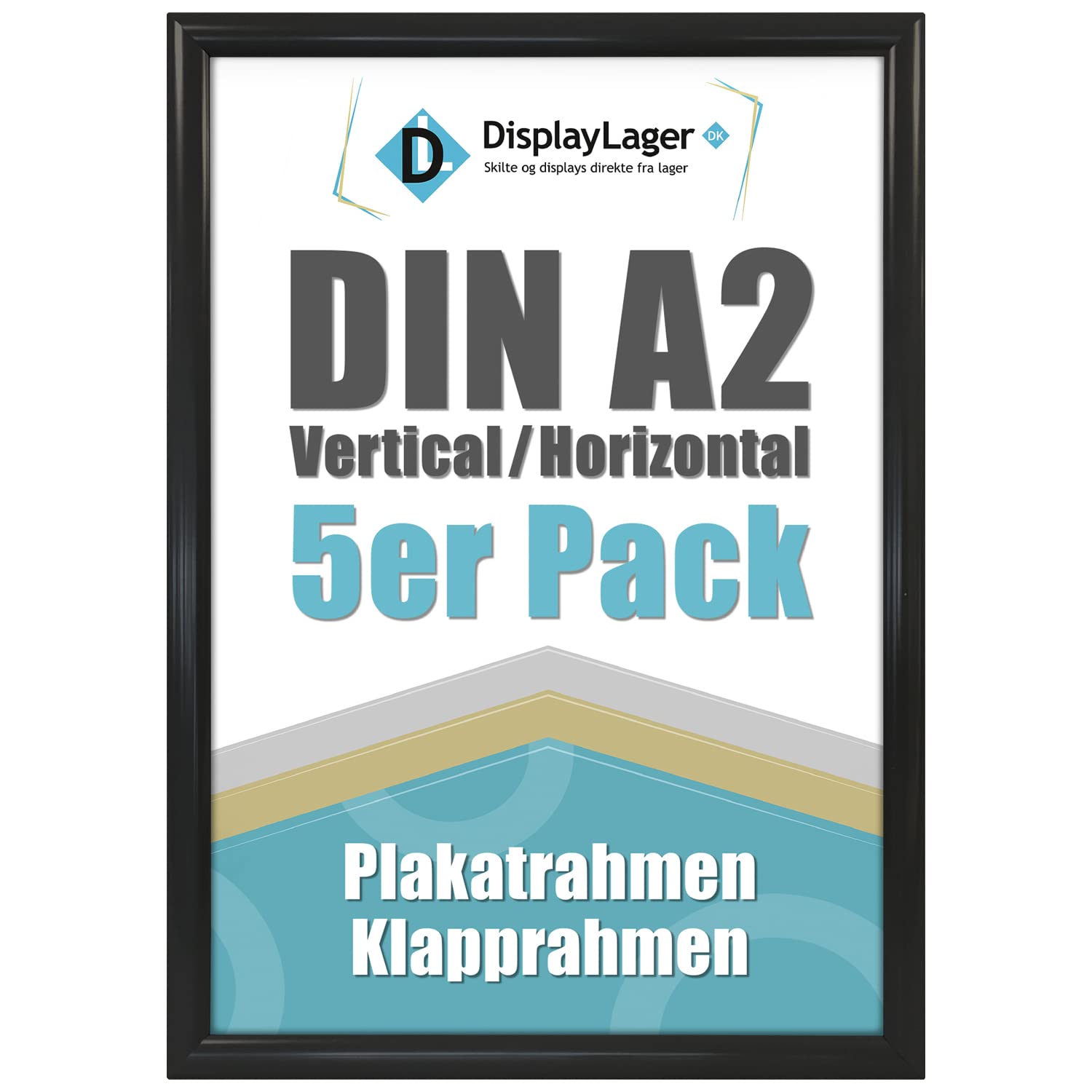 DisplayLager - 5 Cadre à Clipser A2, 5 pièces, Noir | Cadre pour Affiches avec Profil en Aluminium argenté de 25 mm | avec vitre de Protection antireflet et matériel de Fixation
