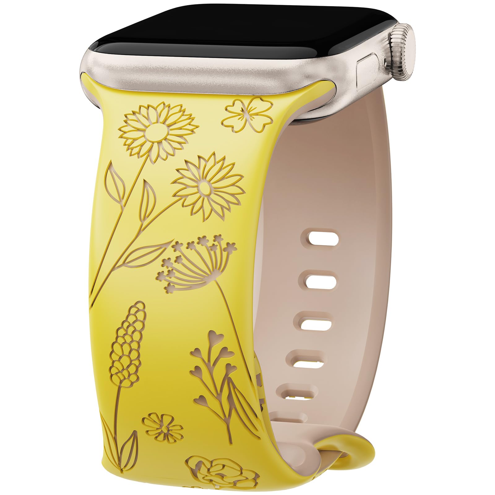 Floral Engraved Band for Apple Watch Bands 41mm 40mm 44mm 45mm 42mm 38mm 49mm Women, Soft Silicone Strap for iWatch Series SE 9 8 7 6 5 4 3 2 1 Ultra