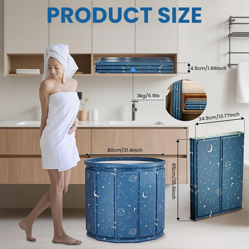 Image of HANNEA Folding Bath Tub for Adults 31in 10-Panel PVC Cold Therapy Drainpipe | Multifaceted 10-Panel Sitting Portable Bathtub