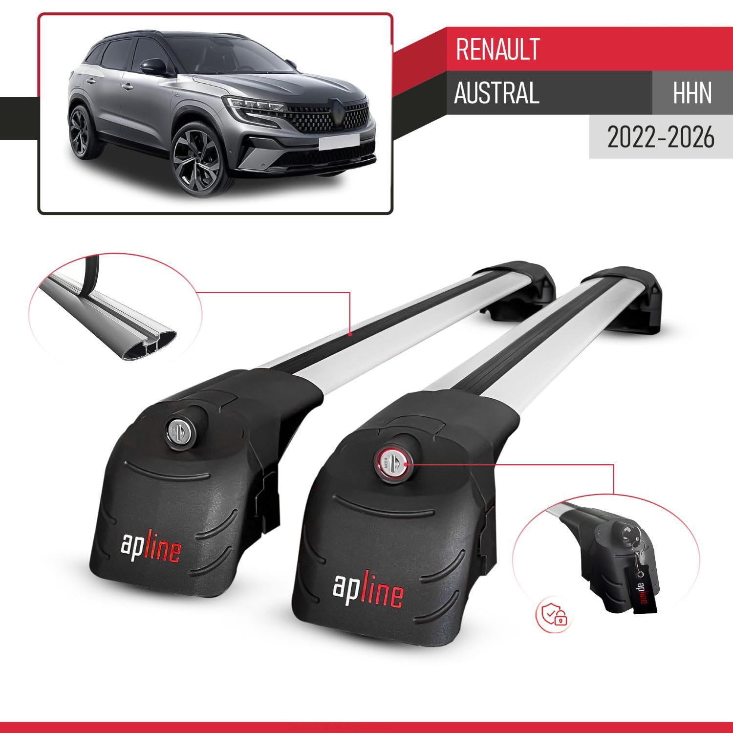 Compatible avec Renault Austral (HHN) 2022-2026 ACE-2 Modèle Barres de Toit Railing Porte-Bagages de Voiture Aluminium Gris 2 Barres