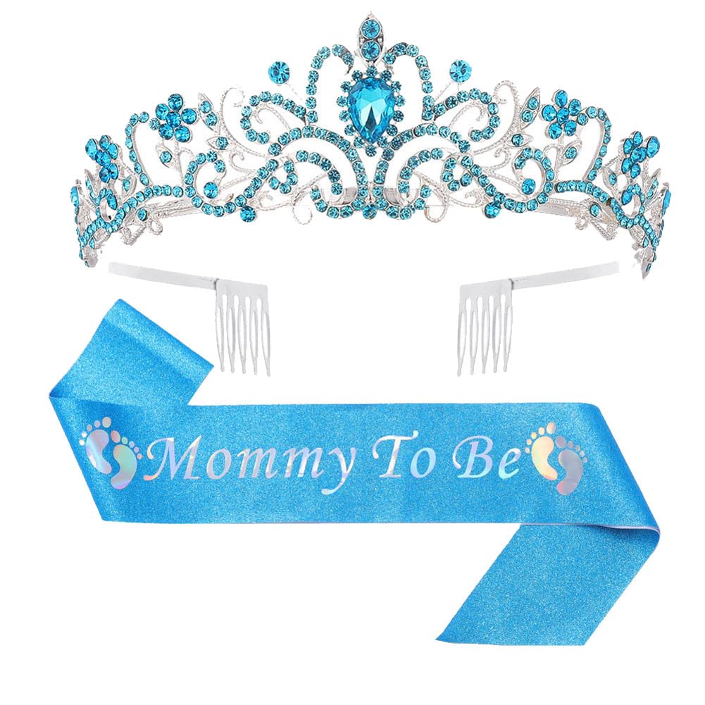 JIHUOO 2 Pcs Mommy to Be Crown Sash Glitter Lettering Sash Crystal Rhinestone Tiara Crown Special Event Crown Sash Baby Shower Decorations Blue