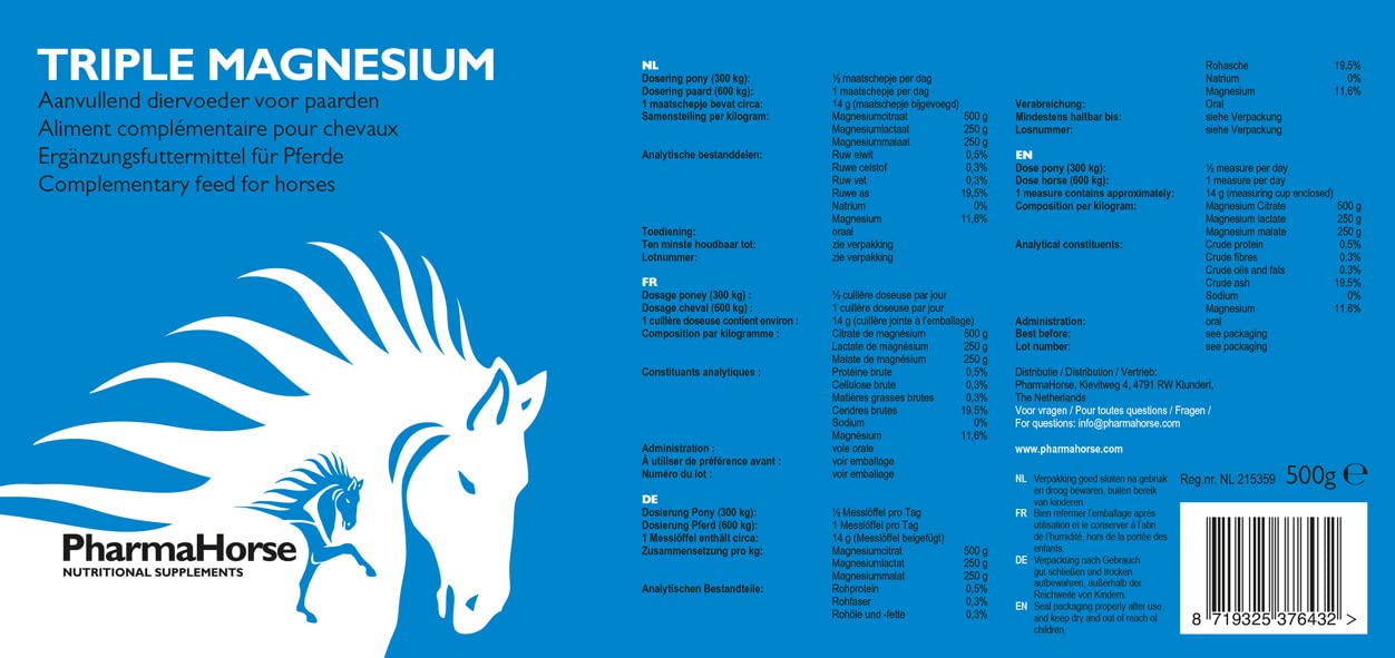 PharmaHorse Triple Magnesium | Nervensystem | Konzentrationsvermögen | Muskeln & Knochen | Dopingfrei | 500 Gramm