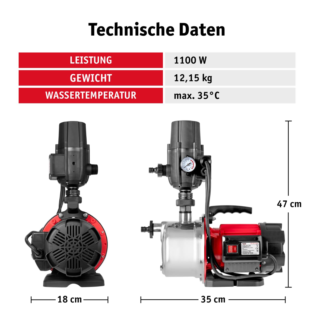 WALTER Hauswasserautomat 1100 W Wasserpumpe, 4500 Liter pro Stunde | Trockenlaufschutz, Hauswasserwerk zur Wasserversorgung aus Brunnen, Zisternen und Regentonnen, maximale Förderhöhe von 45m