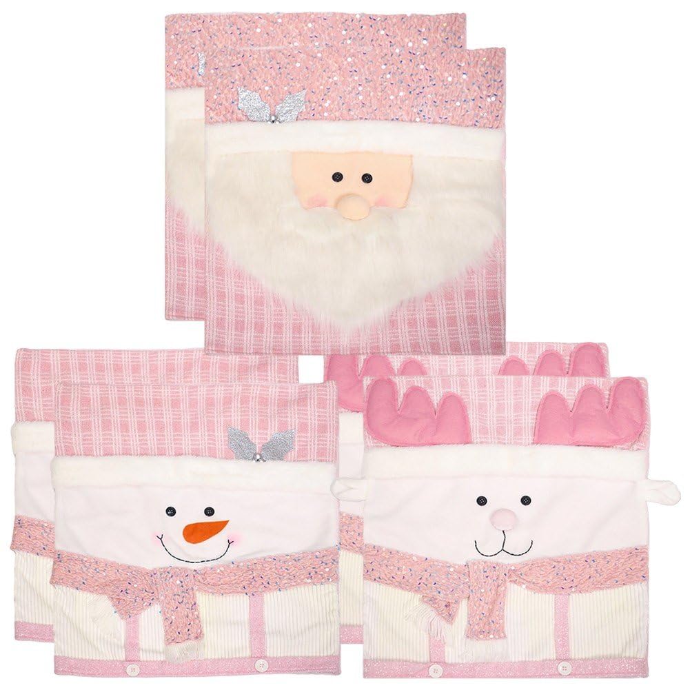 6 Pezzi di Coprisedie Natalizie Rosa con Babbo Natale, Coprischienale/coprisgabello per Sala Pranzo, Banchetti E Decorazioni Natalizie