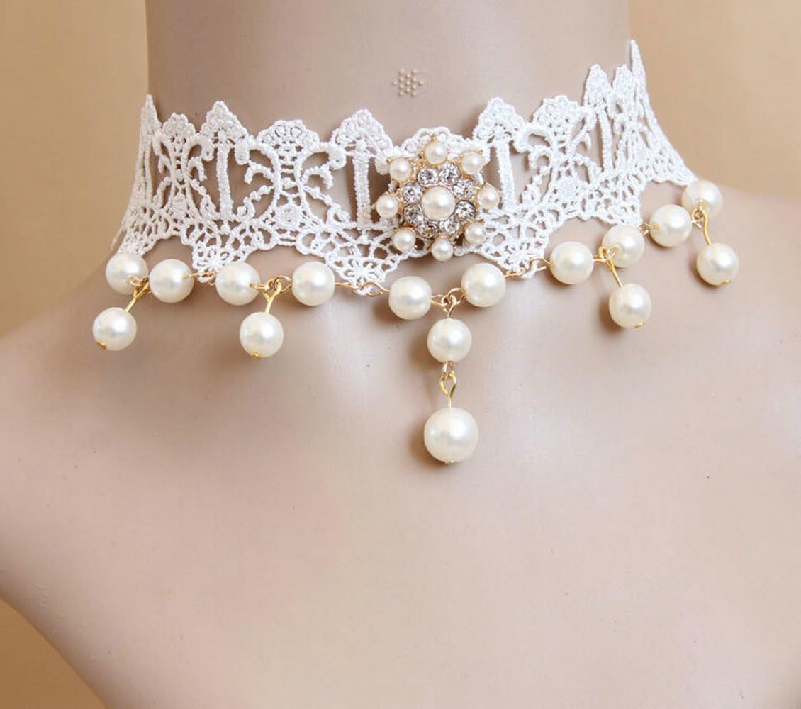 LEECO Elegant Pure Beautiful Bride Dressed Accessories Handmade Princess Bridal Wedding White Lace Choker Necklace Short Necklace for Girls,White Lace Necklace with Many Pears Tassels
