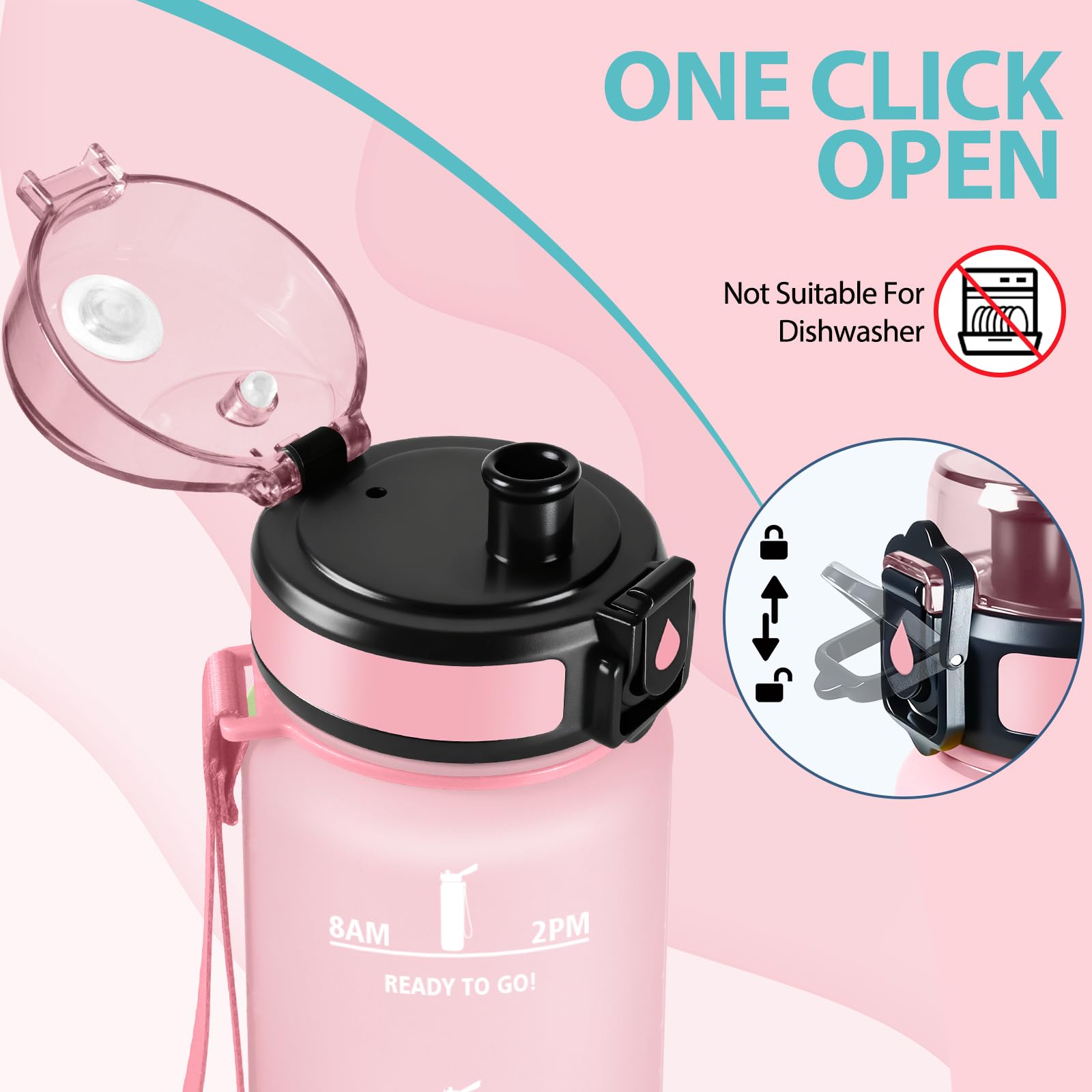 Baramumu Borraccia 1 litro, Borraccia Palestra, a Prova di Perdite, Bottiglia acqua, Facile da Aprire, Borracce, per Fitness, Yoga, Ufficio, Palestra, Trekking, Rosa&Verde