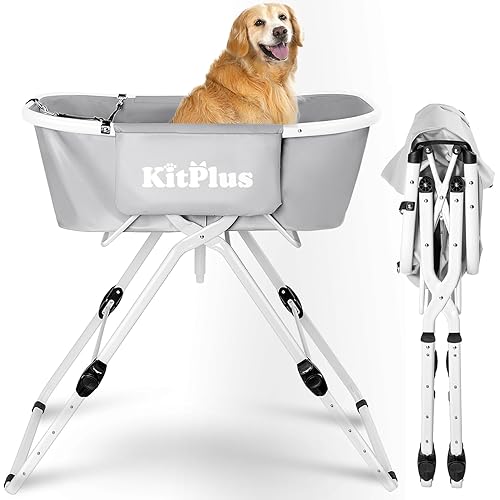Elevated Dog Bathtub, 5 Height Adjustable Portable Dog Wash Station for Small to Large Pets, Foldable Bathing Tub with Storage & Anti-Slip Design Gray