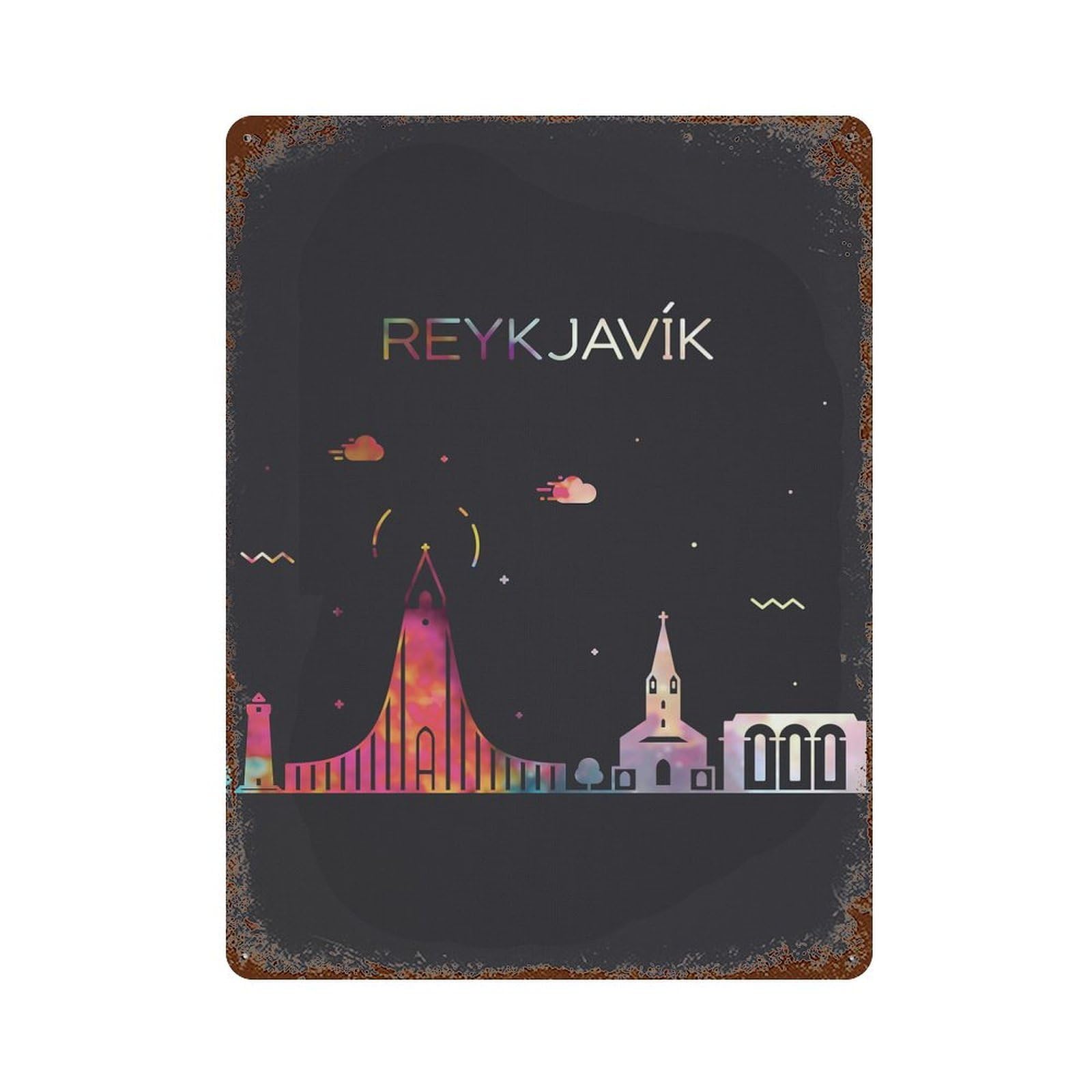 Reykjavik City Skyline Art Retro Metal Sign 15.7"x11.8", Classic Wall Plaque for Garage, Pub Or Kitchen