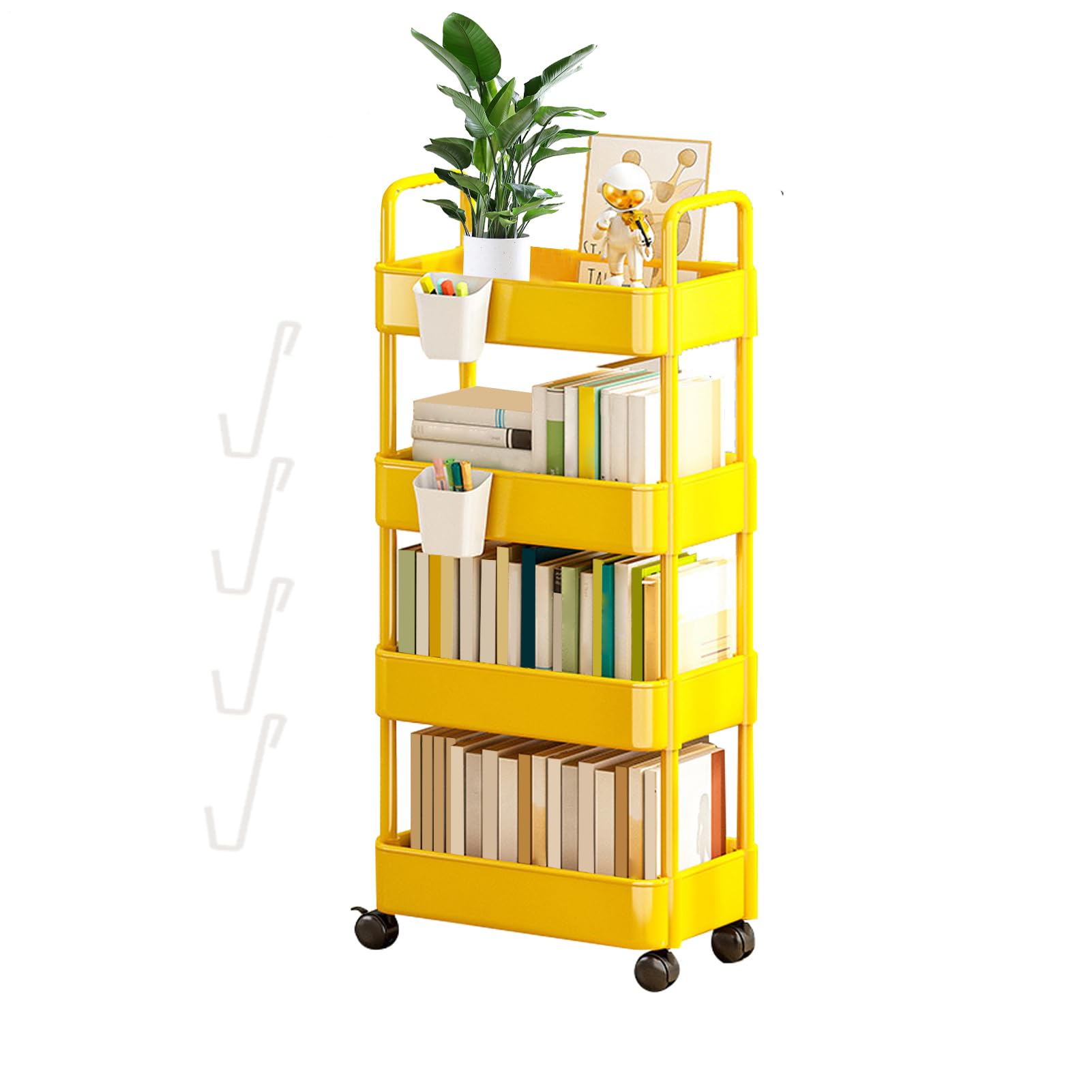 Carro Almacenamiento | Organizador Carrito rodante para Libros - Estante 3/4 Niveles con Ruedas y Ganchos, Carrito Almacenamiento, Carrito refrigerios
