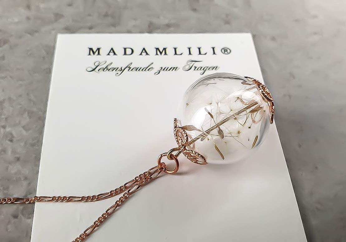 MadamLili - Natur Echte Pusteblumen Rosegold Anhänger Set - 925 Sterling Rose Vergoldet - Lange Kette 70cm - Handgefertigt - Naturschmuck Löwenzahn Samen - Shabbychic - Exklusive Schmuckbox