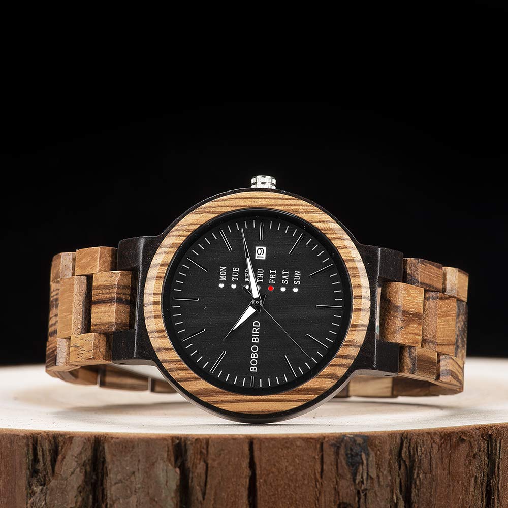 BOBO BIRD Herren-Armbanduhr aus Holz, analog, Quarz, mit Wochenanzeige, leicht, handgefertigt, Holz-Armbanduhr für Herren