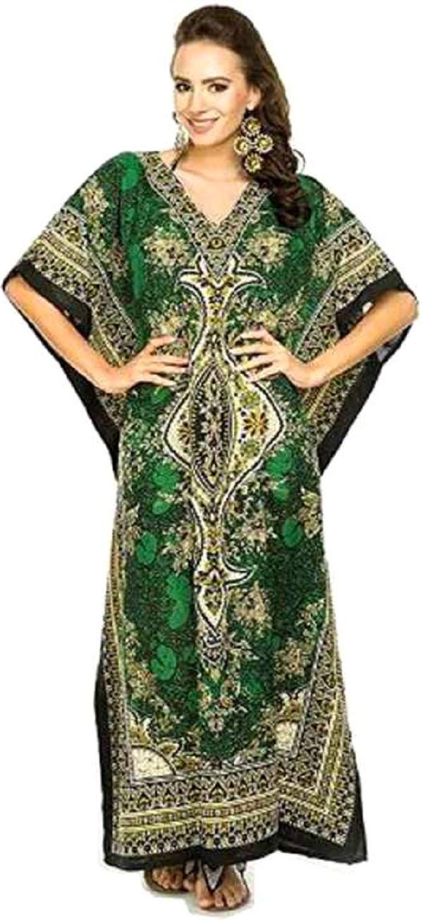 THREE EYE STOREWomen's Kaftan Dress Beach Cover Up Tribal Ethnic Print Plus Size V-Neck Loose Kimono Maxi Dress
