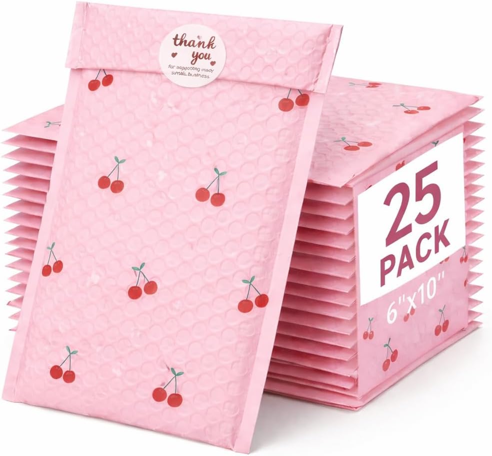 Cozymood Bubble Mailers 6x10 25 Pack Pink Custom Designer Shipping Envelopes Mailing Self Seal Adhesive Waterproof Padded for Valentines Day Gifts Packaging, Mailing, Small Business Bulk, Cherries