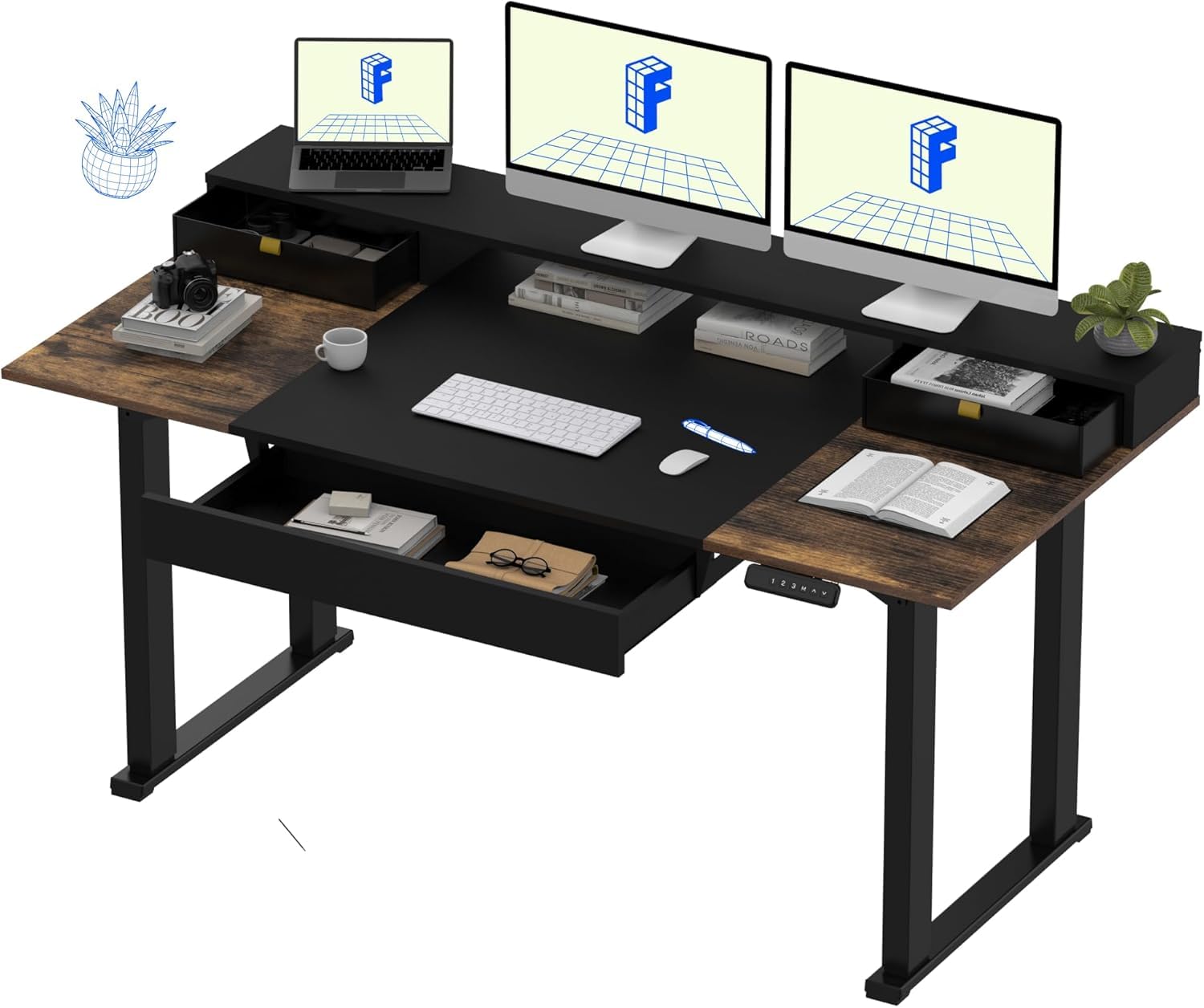 FLEXISPOT 4-Leg Standing Desk with Storage, 71"x32", Black | Electric Adjustable Height, 3 Drawers &amp; Shelving, Storage, Home Office Workstation
