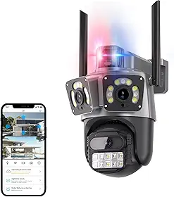Câmera de Segurança WiFi Externa 2+2+2MP, Visão 355° + 90°, Dupla Lente Grande Angular, Detecção de Movimento, Áudio Bidirecional, Visão Noturna LED, IP66, Armazenamento em Nuvem e Cartão