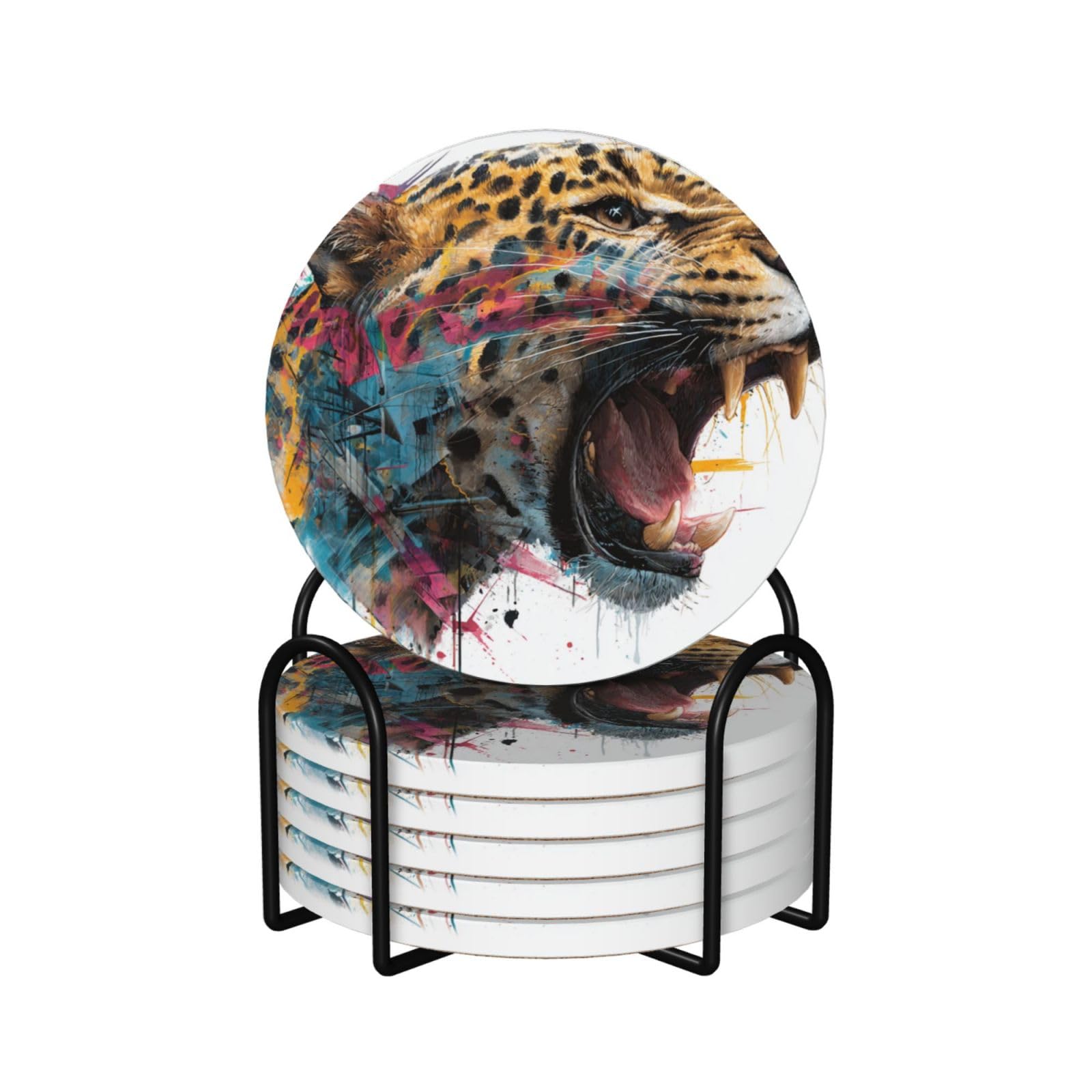 Leopard Street Art Ceramic Coasters with Holder 6ps