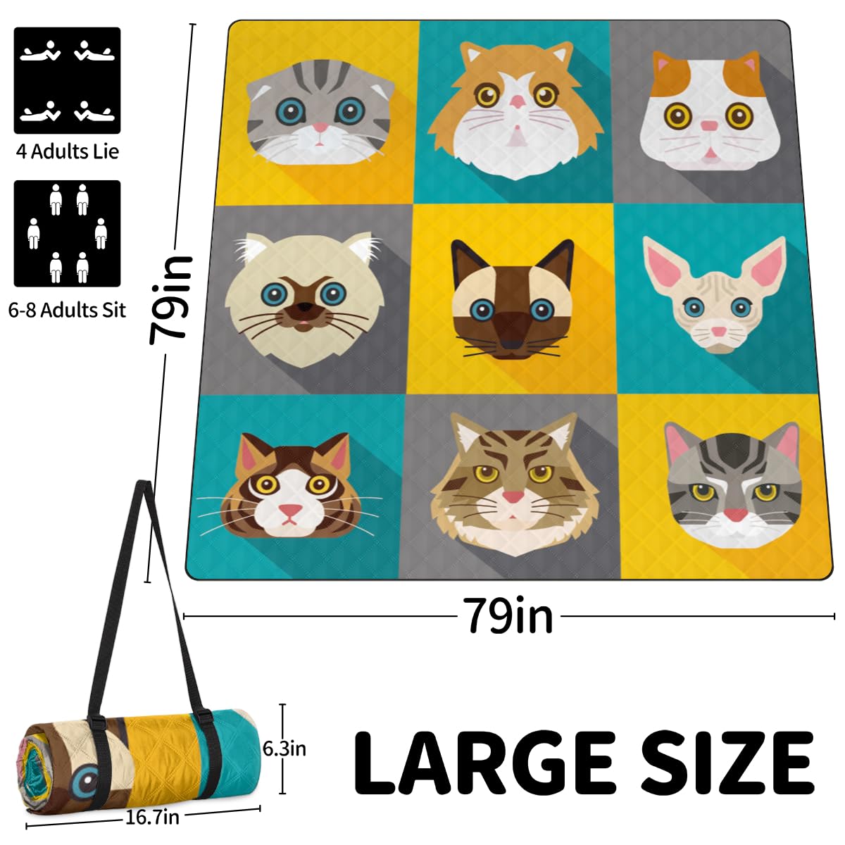 Shimoshe Extra Large Picnic Blankets 79”x 79”, Cute Cartoon Cat Face Waterproof Foldable Picnic Mat with Straps Portable Beach Blanket for Camping Park Grass Beach Indoor